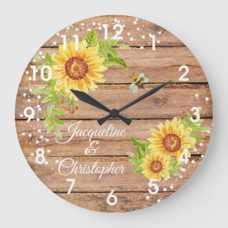 Grande Horloge Ronde Rustic Floral Yellow Sunflower Large Clock