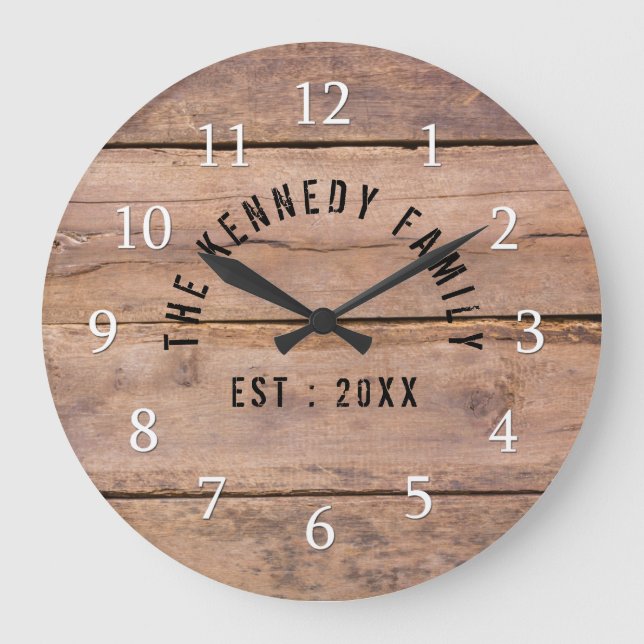 Grande Horloge Ronde Rustic Grange Wood Farmhouse Nom de famille (Recto)