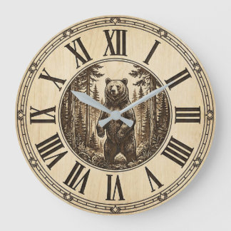 Grande Horloge Ronde Rustic Grizzly Bear Wall Clock | Wood Style 