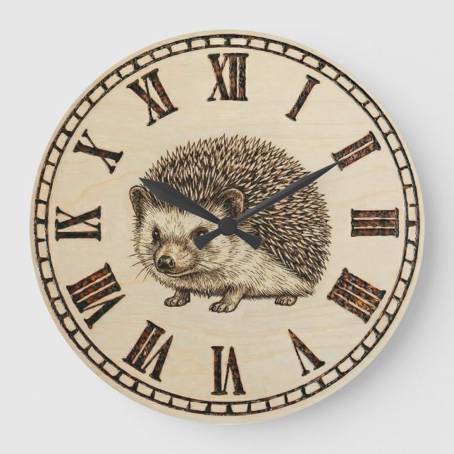 Grande Horloge Ronde Rustic Hedgehog Wall Clock – Woodland Wooden Style (Recto)