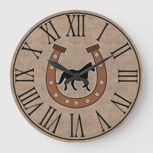 Grande Horloge Ronde Rustic Horseshoe and Black Horse Faux Burlap