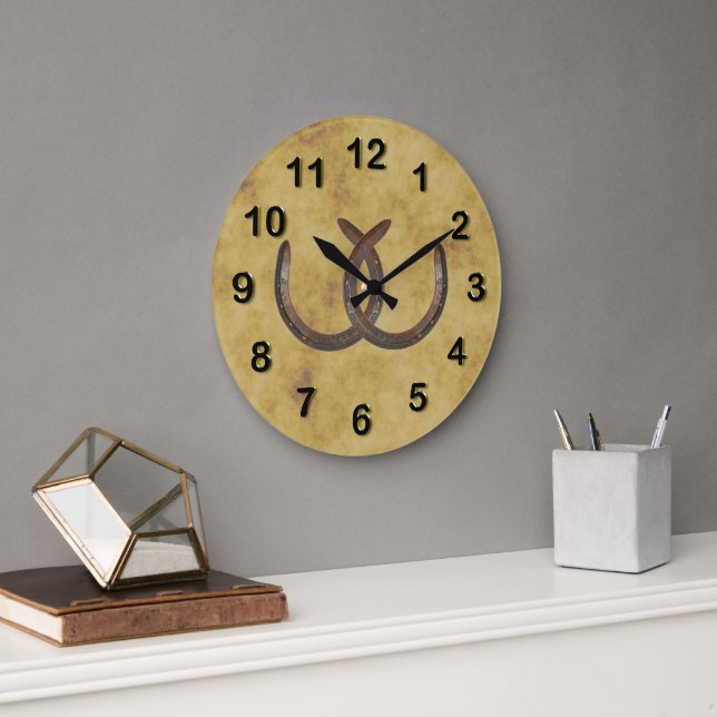 Grande Horloge Ronde Rustic Lucky Horseshoe Arrière - plan désorganisé (Bureau)