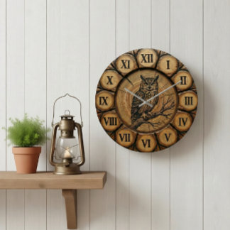 Grande Horloge Ronde Rustic Owl Wall Clock | Wood-Look Cabin Decor