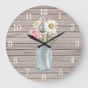 Grande Horloge Ronde Rustic Rose et Daisies Mason Jar Clock