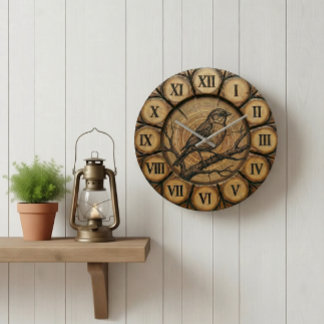 Grande Horloge Ronde Rustic Songbird Wall Clock | Wood-Look Cabin Decor