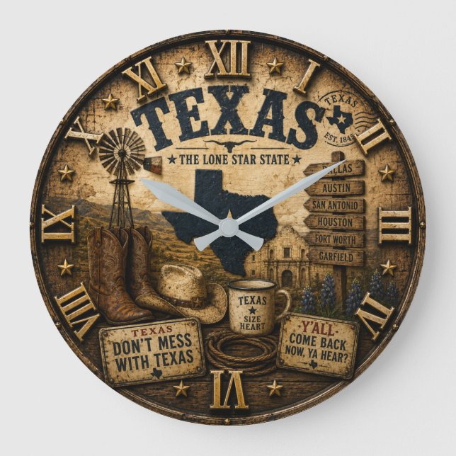 Grande Horloge Ronde Rustic Texas Western Cowboy Lone Star State  (Recto)