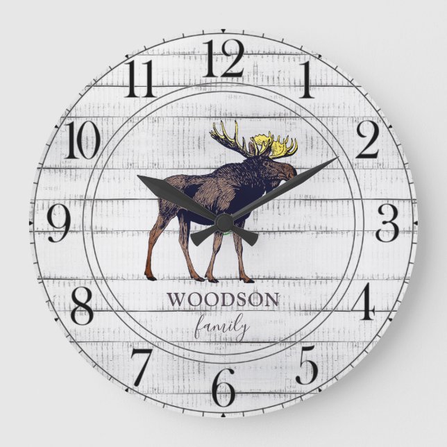 Grande Horloge Ronde Rustic Walking Moose Wood Nom de famille (Recto)