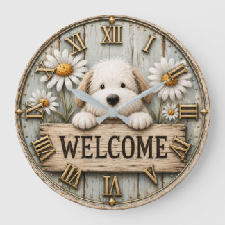 Grande Horloge Ronde Rustic Welcome Puppy with Daisies Farmhouse