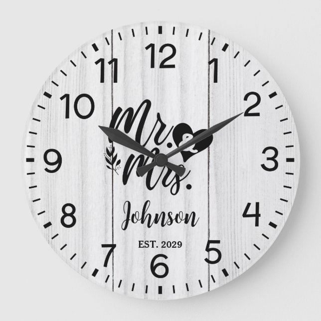 Grande Horloge Ronde Rustic White bois élégant Script Mr & Mrs. (Recto)