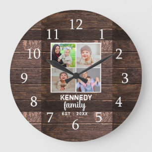 Grande Horloge Ronde Rustic Wood 4 Family Photo Collage