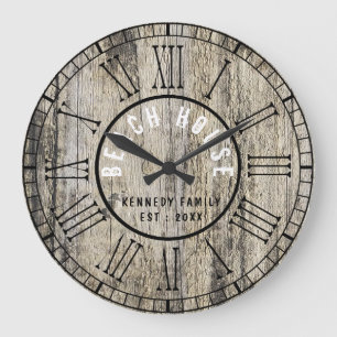 Grande Horloge Ronde Rustic Wood Beach House Chiffres romains noirs