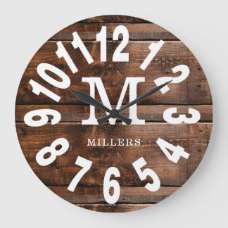 Grande Horloge Ronde Rustic Wood Bold Numéros Nom de famille Monogramme