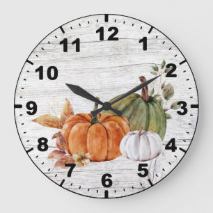 Grande Horloge Ronde Rustic Wood Fall Autumn Pumkins Greenery