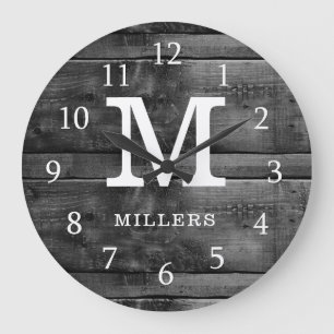 Grande Horloge Ronde Rustic Wood Family Nom Monogram Black And White