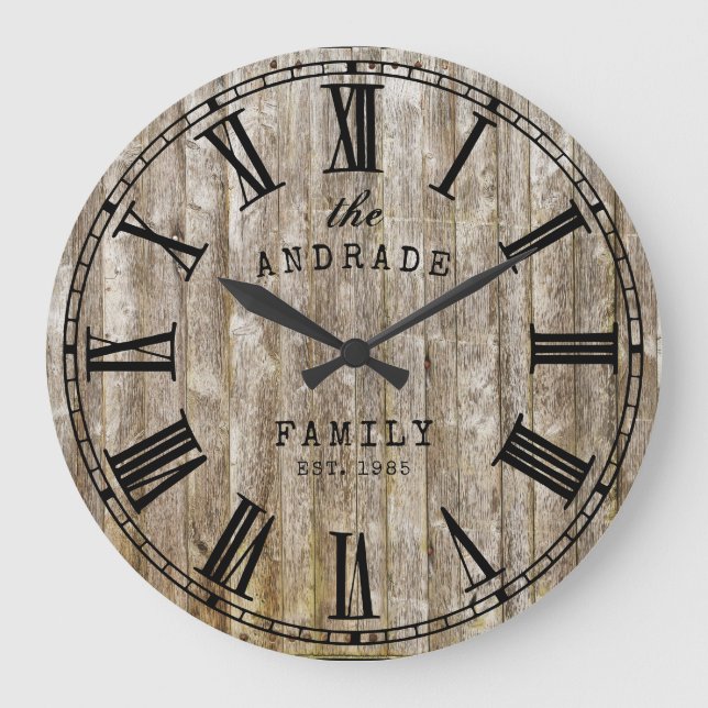 Grande Horloge Ronde Rustic Wood Family Nom Roman Numeral Farmhouse (Recto)