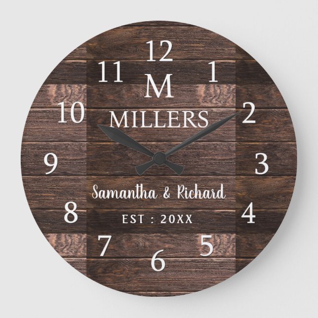 Grande Horloge Ronde Rustic Wood Nom de famille Monogram Ferme (Recto)