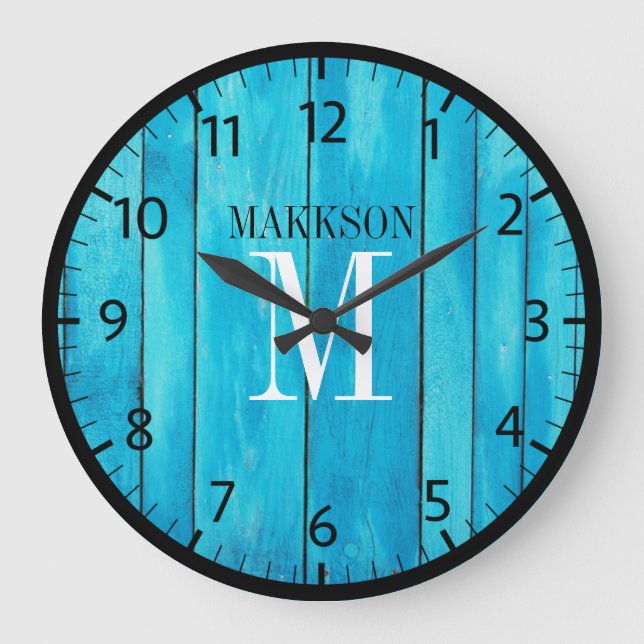 Grande Horloge Ronde Rustic Wood Nom de famille Monogramme (Recto)