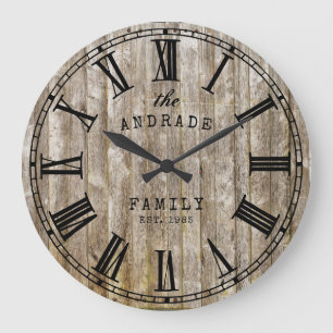 Grande Horloge Ronde Rustic Wood Nom de famille Roman Numerhouse Farmho
