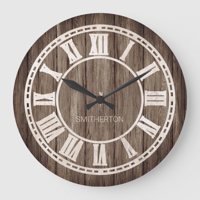 Grande Horloge Ronde Rustic Wood Roman Numéros Pays Farmhouse Nom (Recto)