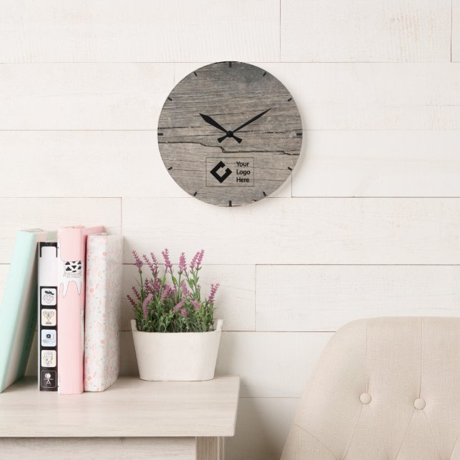 Grande Horloge Ronde Rustic Wood Texture avec logo (Salle de lecture)