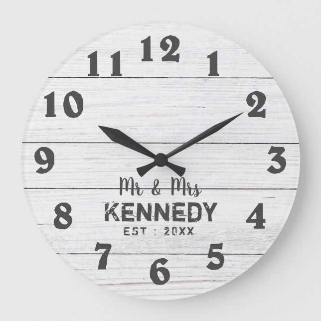 Grande Horloge Ronde Rustique Blanc Pallet Bois M. Et Mme Mariage (Recto)