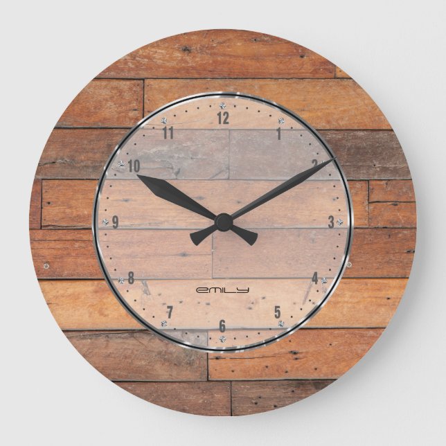 Grande Horloge Ronde Rustique Brown Faux Motif Planières en bois (Recto)