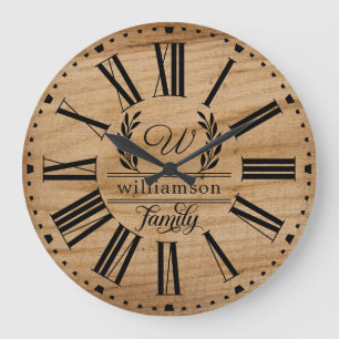 Grande Horloge Ronde Rustique Brown Wood Custom Nom de famille Ferme