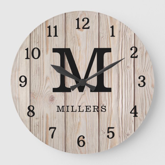 Grande Horloge Ronde Rustique Lumière Brown Bois Nom de famille Monogra (Recto)