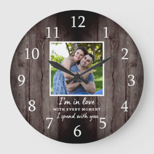 Grande Horloge Ronde Rustique Mariage en bois foncé Anniversaire Amour