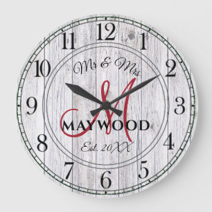 Grande Horloge Ronde Rustique Mariage personnalisé Newlyweds Monogramme
