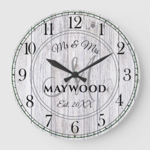Grande Horloge Ronde Rustique Mariage personnalisé Newlyweds Monogramme