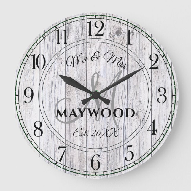 Grande Horloge Ronde Rustique Mariage personnalisé Newlyweds Monogramme (Recto)