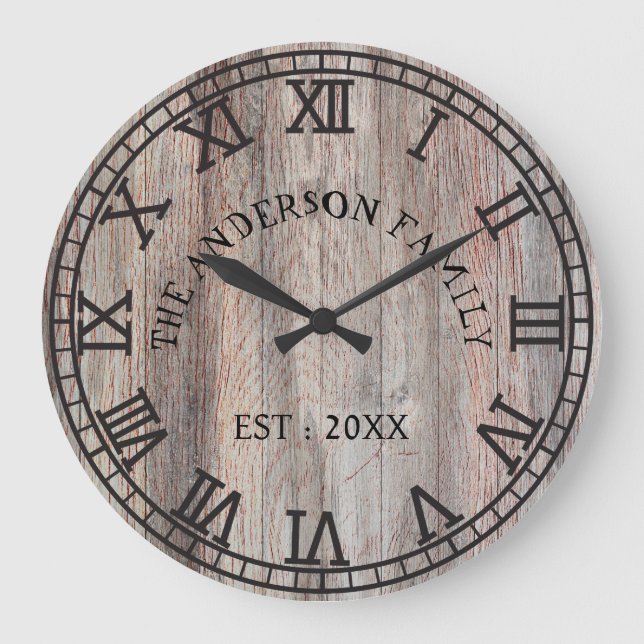Grande Horloge Ronde Rustique Monogram Farmhouse Nom de famille personn (Recto)