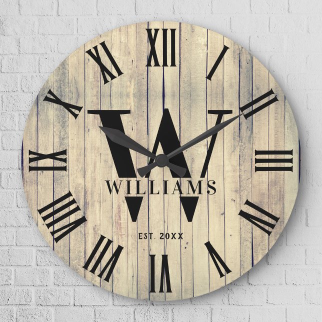 Grande Horloge Ronde Rustique Monogram Farmhouse Nom de famille personn (Créateur téléchargé)