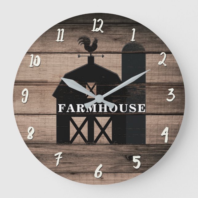 Grande Horloge Ronde Rustique Patiné bois Noir Grange Pays Ferme (Recto)