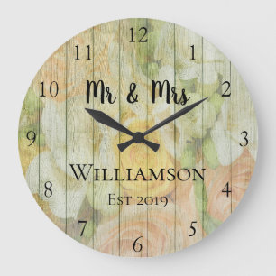 Grande Horloge Ronde Rustique Personnalisé Antique Floral Bois Sur Mesu