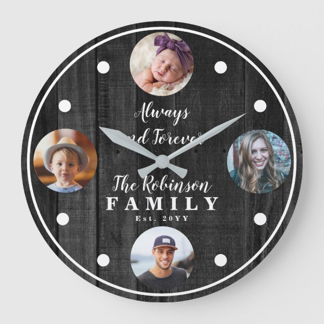 Grande Horloge Ronde Rustique Woodsy Four Photo Family avec citation (Recto)