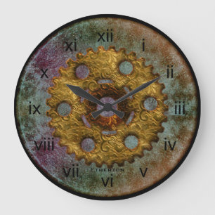 Grande Horloge Ronde Rusty Blue and Brass Tones Steampunk Clock