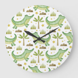 Grande Horloge Ronde Safari africain : Crocodile et palmiers aquarelles