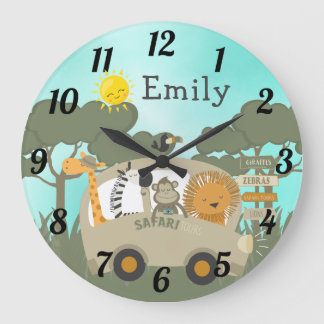 Grande Horloge Ronde Safari de la jungle personnalisée Baby Animals Nur