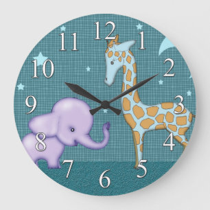 Grande Horloge Ronde Safari Elephant and Giraffe Animals Kids Clock