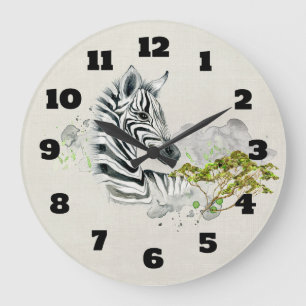 Grande Horloge Ronde Safari Zebra Avec Savannah Arbres Vert Aquarelle