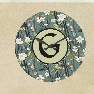 Grande Horloge Ronde Sage Green Chinoiserie Floral White Initial