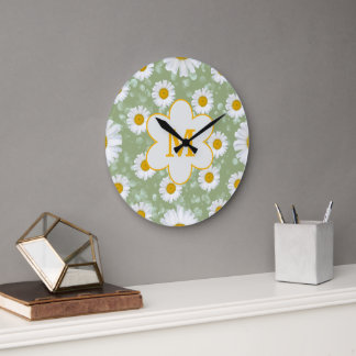 Grande Horloge Ronde Sage Green Daisy Fleur Sauvage Monogramme