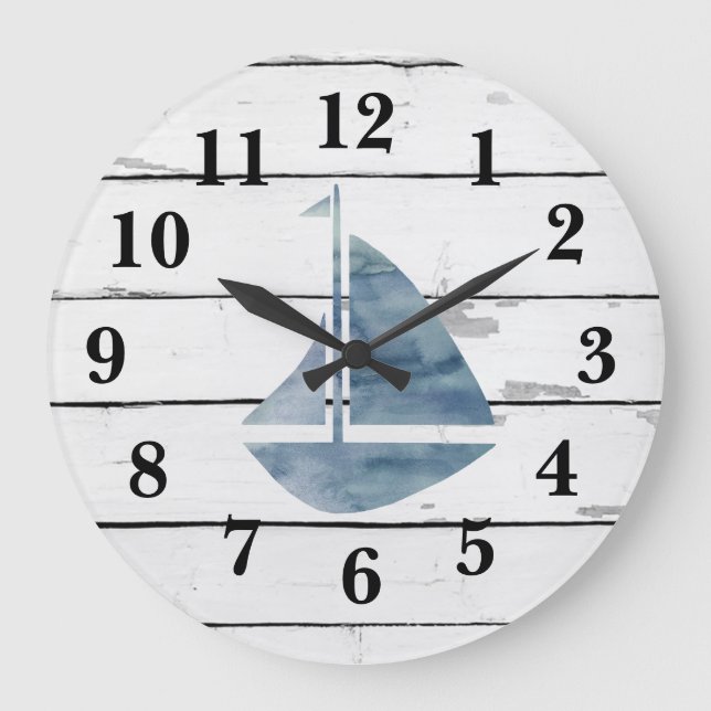 Grande Horloge Ronde Sailboat Nautical Blue Anchor Shiplap Rustic (Recto)