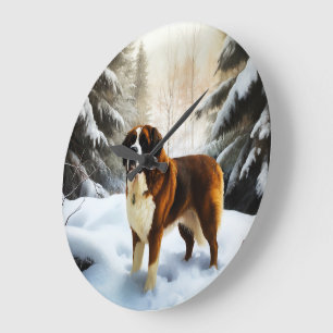 Grande Horloge Ronde Saint Bernard Laissez Tomber la Neige Noël