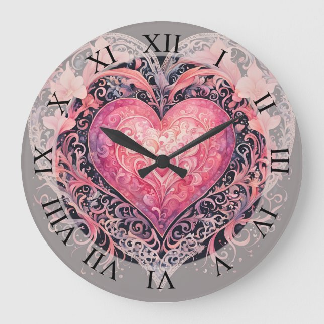 Grande Horloge Ronde Saint-Valentin Coeur rose Love Fleurs Ornements (Recto)