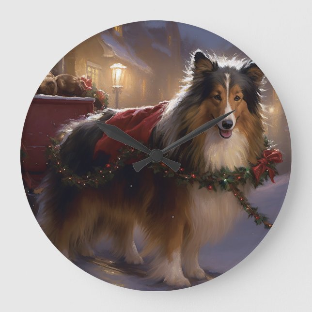 Grande Horloge Ronde Saison de Noël du Shetland Sheepdog (Recto)