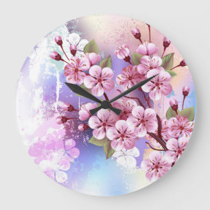 Grande Horloge Ronde Sakura rose sur la peinture Arrière - plan