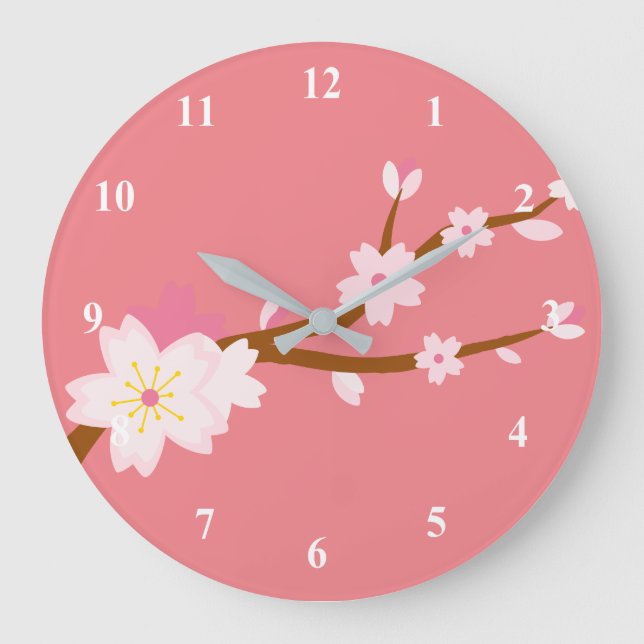 Grande Horloge Ronde Sakura rouge vif, fleurs de cerisiers japonais (Recto)